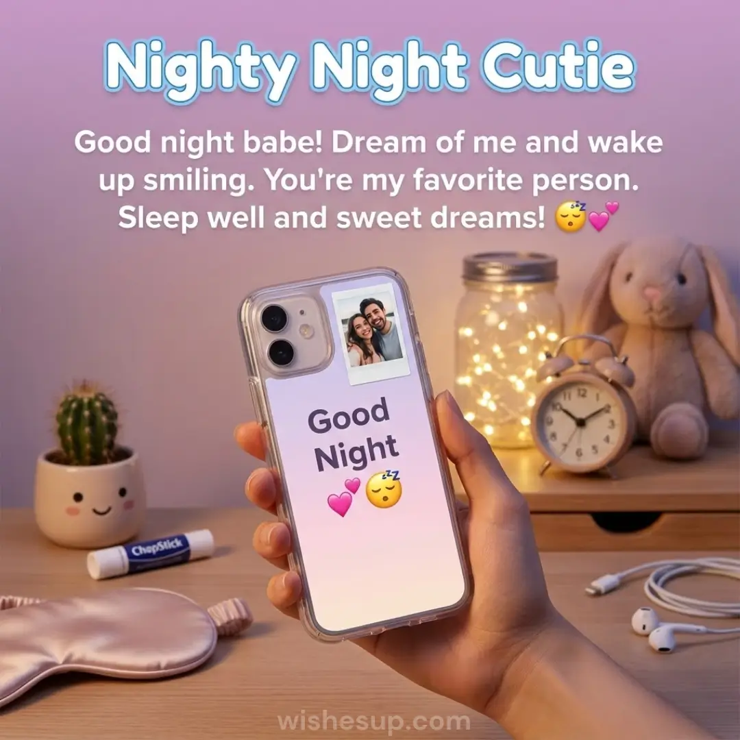 A hand holds a smartphone displaying a "Good Night" message and couple's photo. Warm fairy lights glow near a silk sleep mask and plush bunny, creating a romantic atmosphere in dreamy pastel pink and lavender hues.