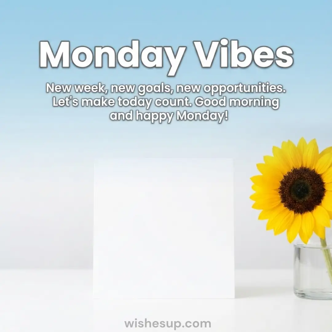 Vibrant yellow sunflower in a glass vase beside a blank white card on a smooth surface. Bathed in soft morning light against a pale blue gradient, the scene features bold "Monday Vibes" text and an inspirational greeting.