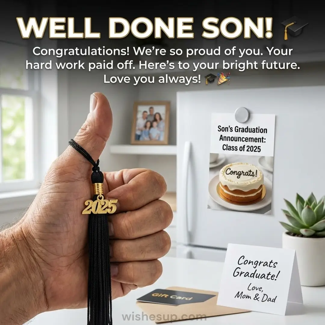A hand gives a thumbs-up draped with a black graduation tassel and gold 2025 charm. Set in a sun-drenched kitchen, the scene features a celebratory card and refrigerator announcement, creating a warm, proud atmosphere under soft, diffused daylight.