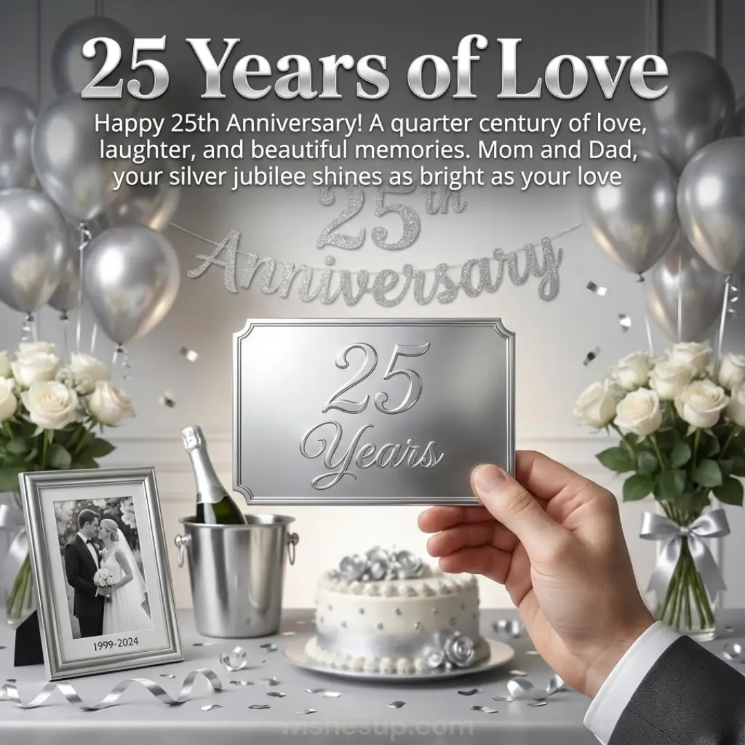 A hand holds a polished silver plaque engraved with "25 Years" amidst metallic balloons, white roses, and a pearl-studded cake. Soft light reflects off silver confetti and glittery banners, creating a sophisticated, monochromatic celebration.