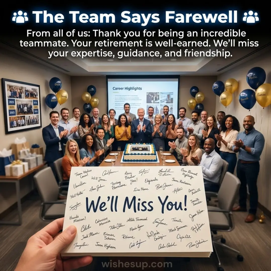 Smiling colleagues applaud around a table with navy and gold balloons and a photo cake. Hands hold a signed farewell card in the foreground, illuminated by bright office lights in a warm, celebratory retirement scene.