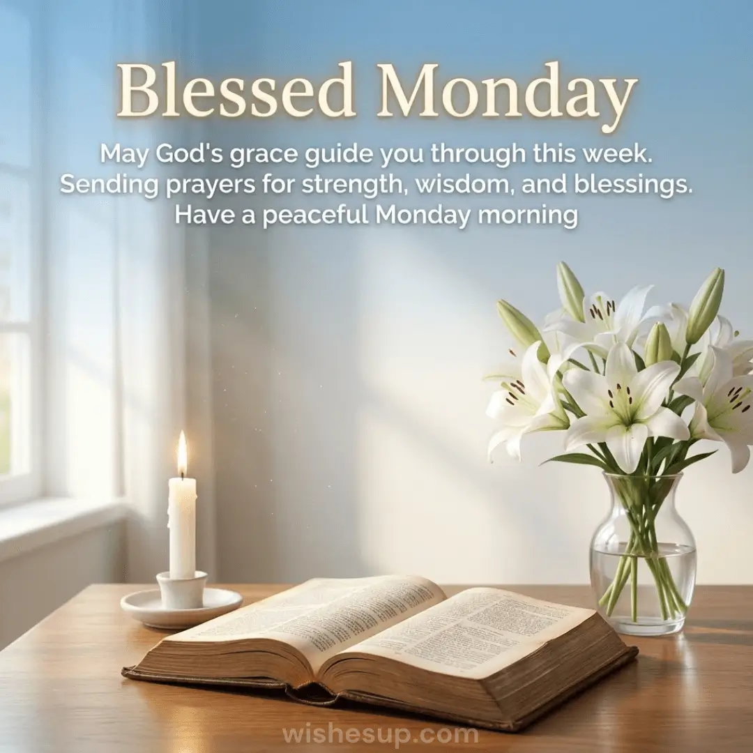 An open Bible rests on a warm wooden table beside a flickering white candle and lilies in a glass vase. Soft morning light streams through a window, illuminating the serene scene and "Blessed Monday" prayer in a peaceful, ethereal glow.