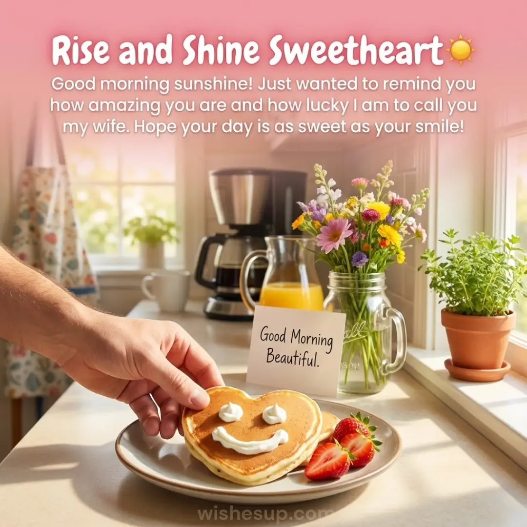 A hand sets a golden heart-shaped pancake with a whipped cream smile onto a plate. Bathed in warm morning light, the kitchen counter features vibrant wildflowers, strawberries, and a note reading 'Good Morning Beautiful.