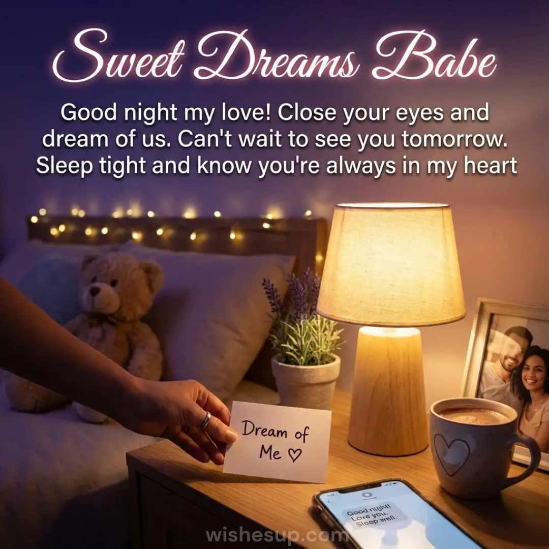 Under a glowing "Sweet Dreams Babe" caption, a hand places a "Dream of Me" note on a nightstand bathed in warm golden light. This cozy scene features a heart-patterned mug, a framed photo, and a soft teddy bear.