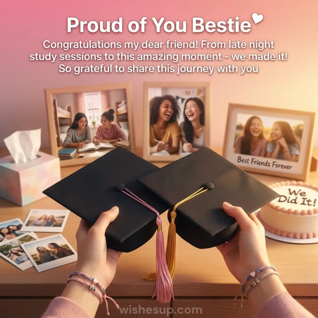 Two hands hold matte black graduation caps with pink and gold tassels over a desk filled with sentimental photos and a "We Did It!" cake. Soft golden lighting illuminates the scene, creating a nostalgic atmosphere of shared achievement.
