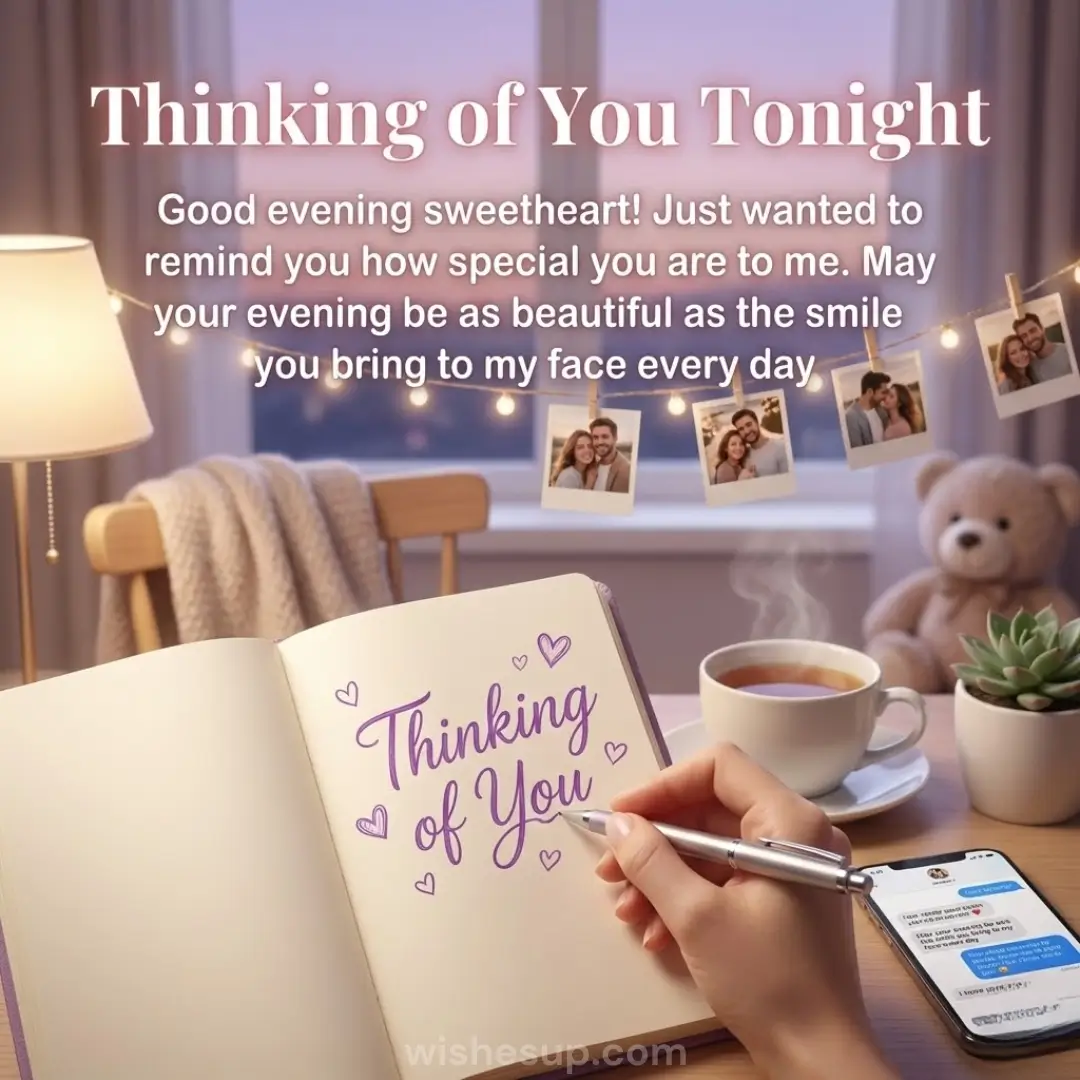 A hand pens "Thinking of You" in purple script in a cream notebook, illuminated by the warm glow of fairy lights. Beside it sits a steaming white teacup and plush teddy bear, set against a hazy purple twilight window.