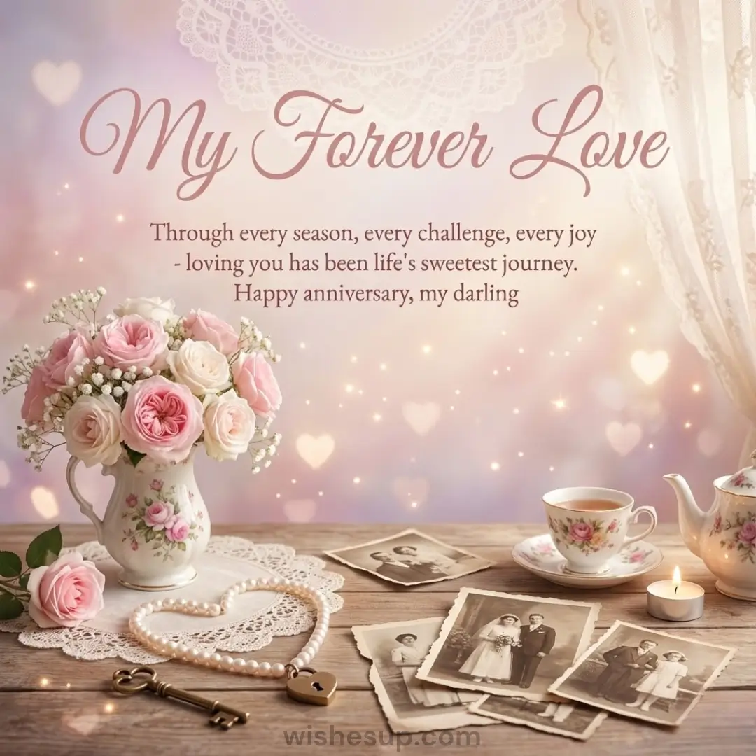 Delicate pink and white roses in a floral pitcher rest on rustic wood beside vintage wedding photos and a heart-shaped pearl necklace. Warm bokeh hearts and soft candlelight create a nostalgic, romantic atmosphere featuring the elegant script "My Forever Love" against ethereal lace.