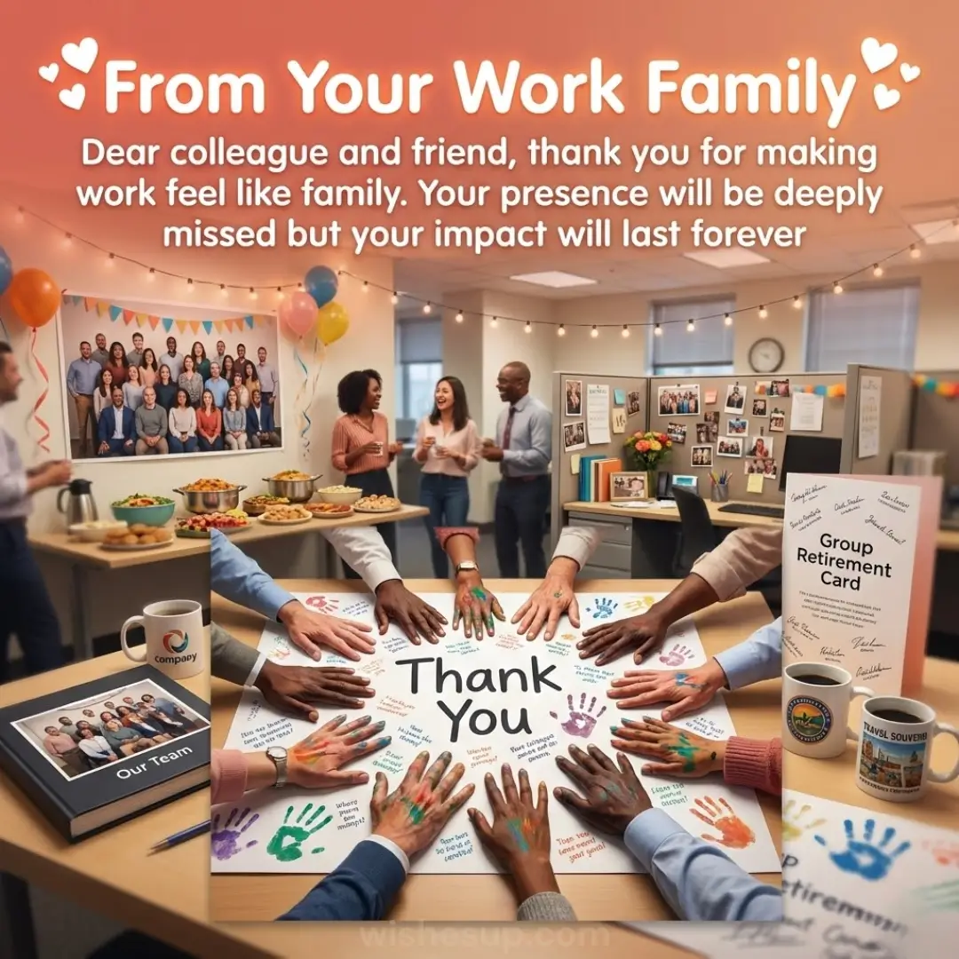 Diverse hands rest on a 'Thank You' poster with vibrant handprints in a festive office. Bathed in warm string lights, the scene includes coffee mugs, a signed retirement card, and a glossy photo album, evoking a sentimental farewell.