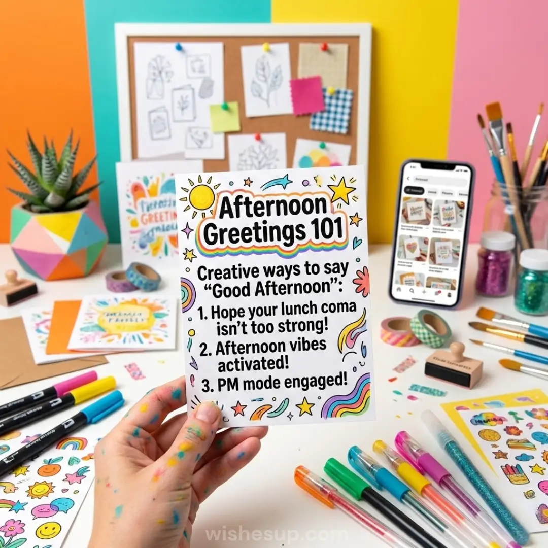 A paint-stained hand holds an "Afternoon Greetings 101" card over a desk with neon markers and glitter. Soft, bright light illuminates the colorful workspace, highlighting a textured corkboard against a vibrant, tri-color backdrop.
