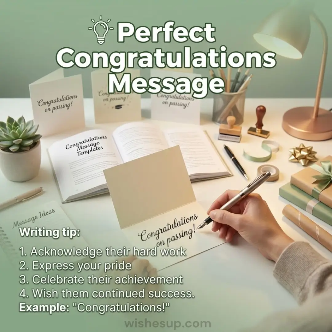 A hand writes "Congratulations on passing!" with a sleek fountain pen on a cream card, bathed in the soft, warm glow of a rose gold lamp. The desk is meticulously styled with a succulent and gift boxes in muted sage and neutral tones.
