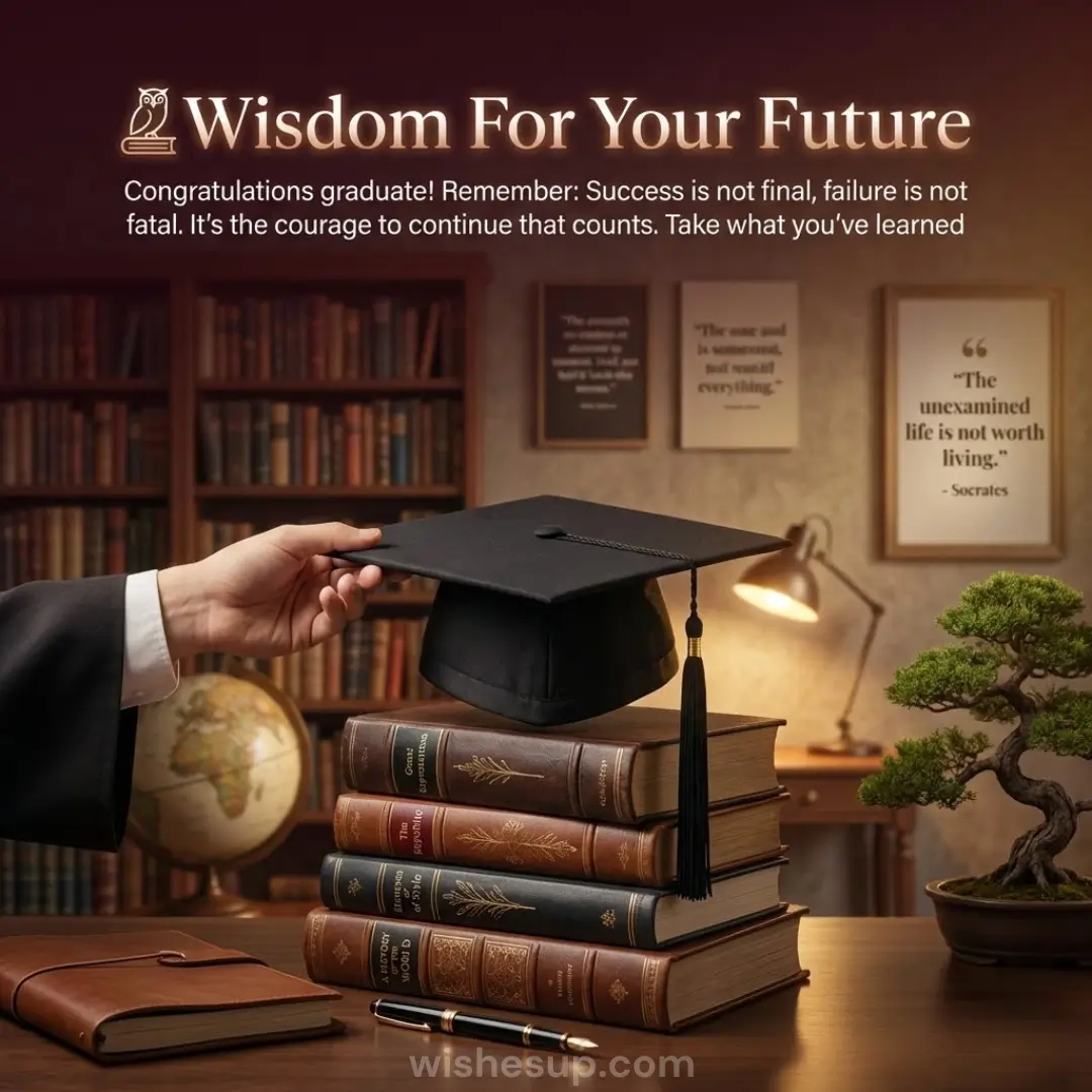 A hand places a black graduation cap on leather-bound books in a cozy, dimly lit library. Warm ambient light illuminates a scholarly desk featuring a vibrant bonsai and globe against a backdrop of crowded bookshelves and graduation quotes.