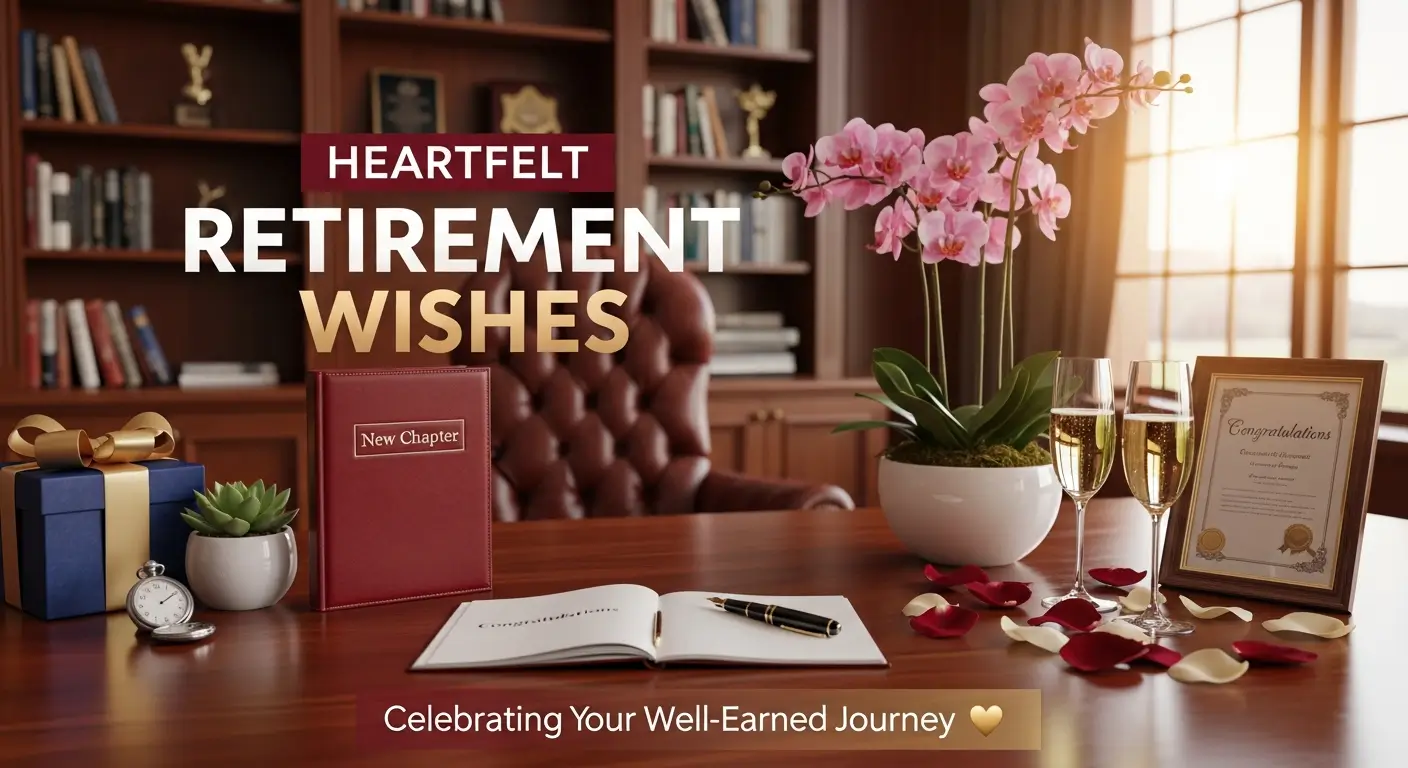 Heartfelt retirement wishes overlay a mahogany desk featuring a red leather journal, champagne flutes, and a pink orchid. Warm golden sunlight illuminates the sophisticated office, highlighting a tufted leather chair and bookshelves for an elegant professional milestone.