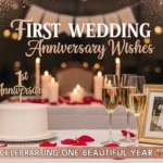 Elegant first wedding anniversary setup with a white cake, champagne glasses, and framed photo on a candlelit table. Text reads "First Wedding Anniversary Wishes" and "Celebrating One Beautiful Year."