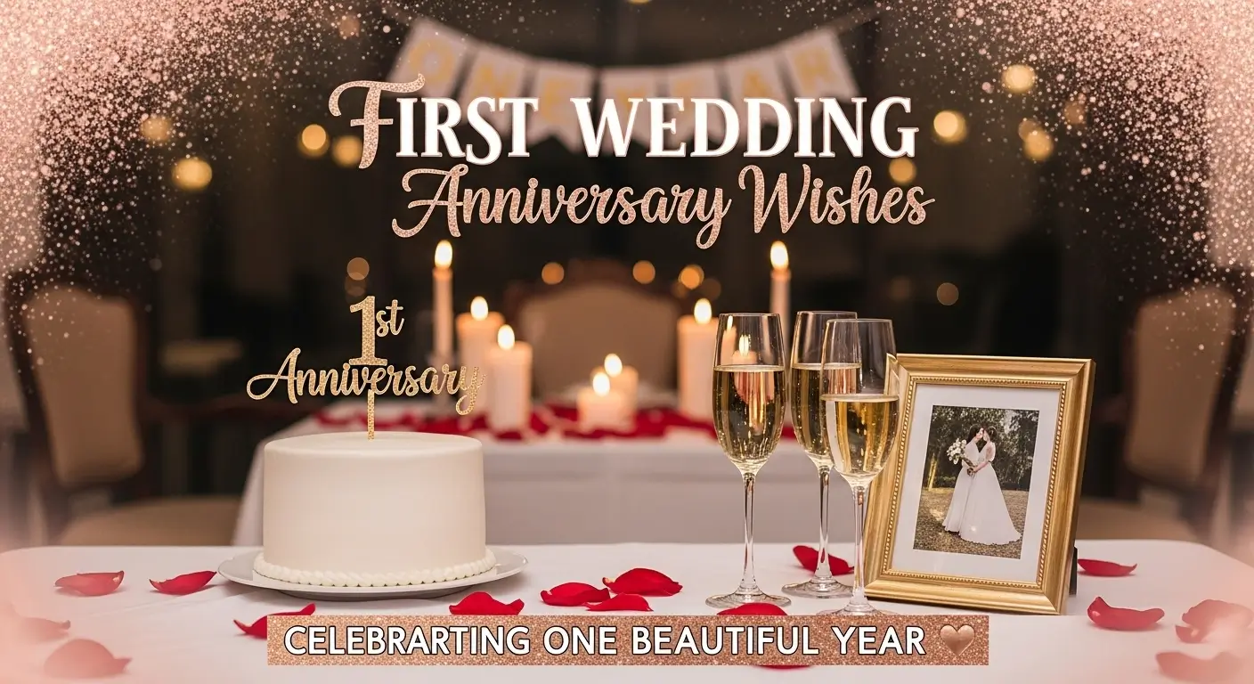 Elegant first wedding anniversary setup with a white cake, champagne glasses, and framed photo on a candlelit table. Text reads "First Wedding Anniversary Wishes" and "Celebrating One Beautiful Year."