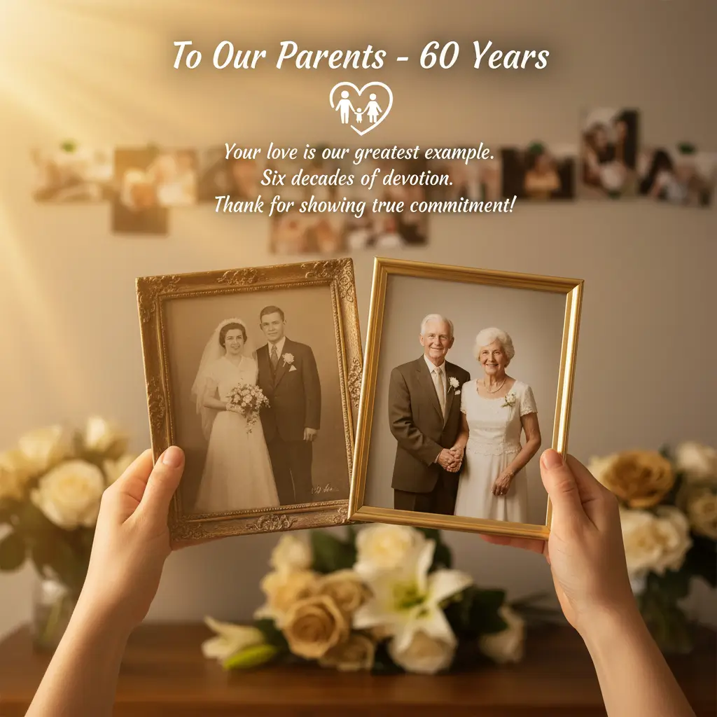 Hands hold a vintage wedding portrait and modern photo in gold frames for a 60th wedding anniversary. Warm sunbeams illuminate ivory roses on a wooden table, capturing six decades of devotion in a nostalgic, golden glow.