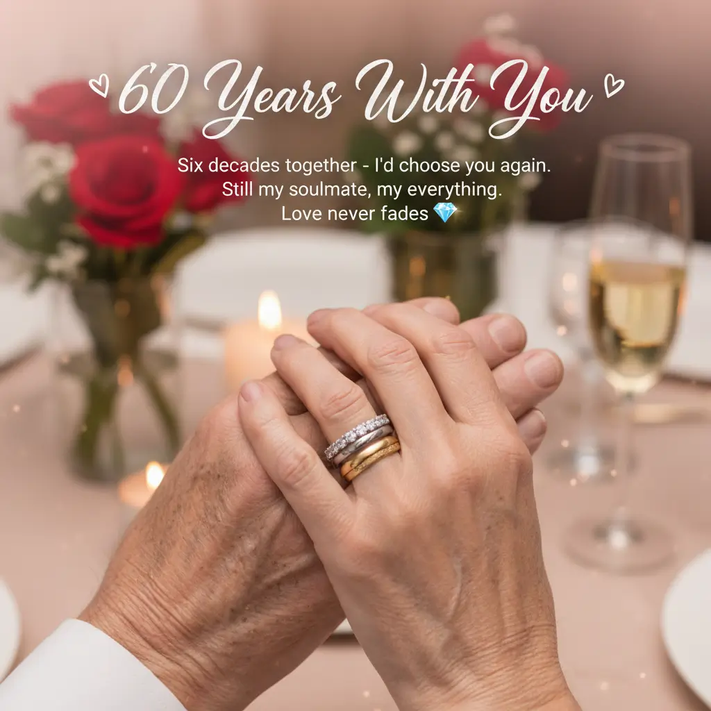 Clasped elderly hands wearing a sparkling diamond anniversary ring rest on a romantic candlelit table. Soft bokeh lighting highlights red roses and champagne flutes, capturing the warm atmosphere of a 60th wedding anniversary celebration.