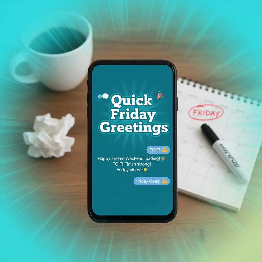 A smartphone displaying cheerful Friday wishes rests on a wooden desk beside a coffee mug and calendar. Vibrant teal lighting illuminates the workspace, perfect for sharing good morning Friday wishes.