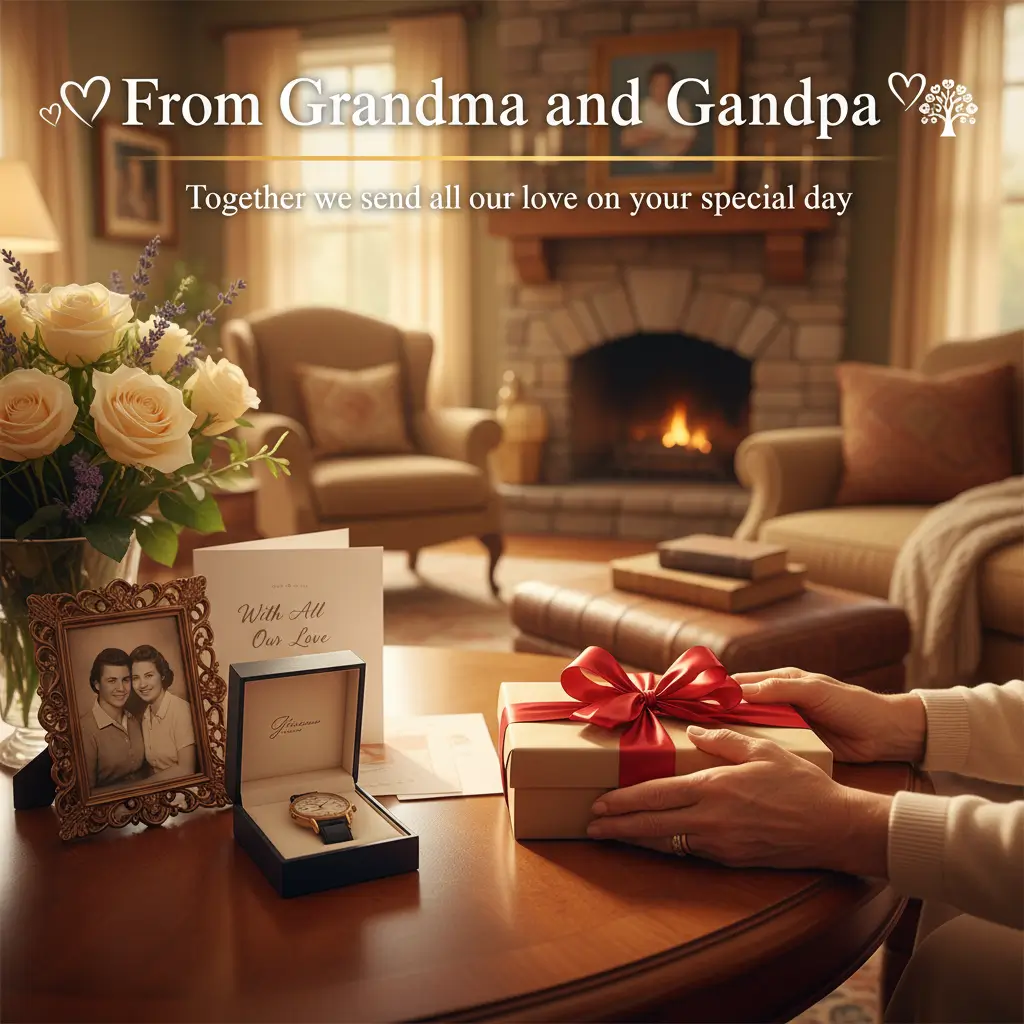 Elderly hands rest on a cream gift box with a red ribbon beside a luxury watch and vintage photo. This sentimental gift from grandparents sits in a cozy, firelit living room featuring soft cream roses and warm golden lighting.