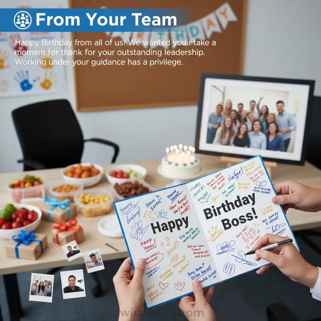 Hands sign a colorful birthday card for boss during a festive office birthday celebration. A white frosted cake with glowing candles sits on a wooden desk alongside wrapped gifts and fresh fruit bowls under bright, cheerful lighting.