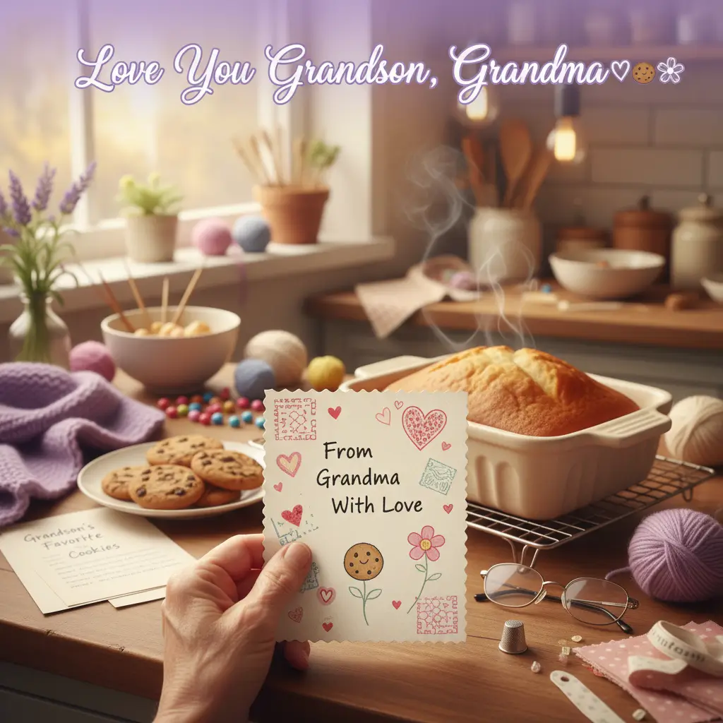 A hand holds a sentimental note reading "From Grandma With Love" in a sun-drenched kitchen. Fresh-baked cookies and steaming cake rest near purple yarn, creating a cozy scene for a heartfelt gift for a grandson.