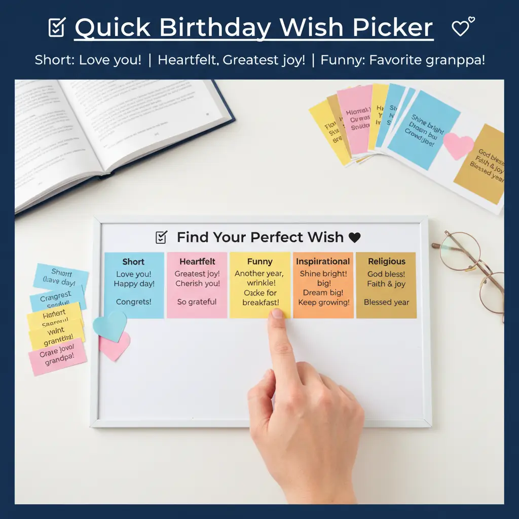A hand points to a colorful birthday wish picker board on a bright white desk. This setting includes an open book and glasses alongside pastel cards with heartfelt greeting card messages under soft, natural light.