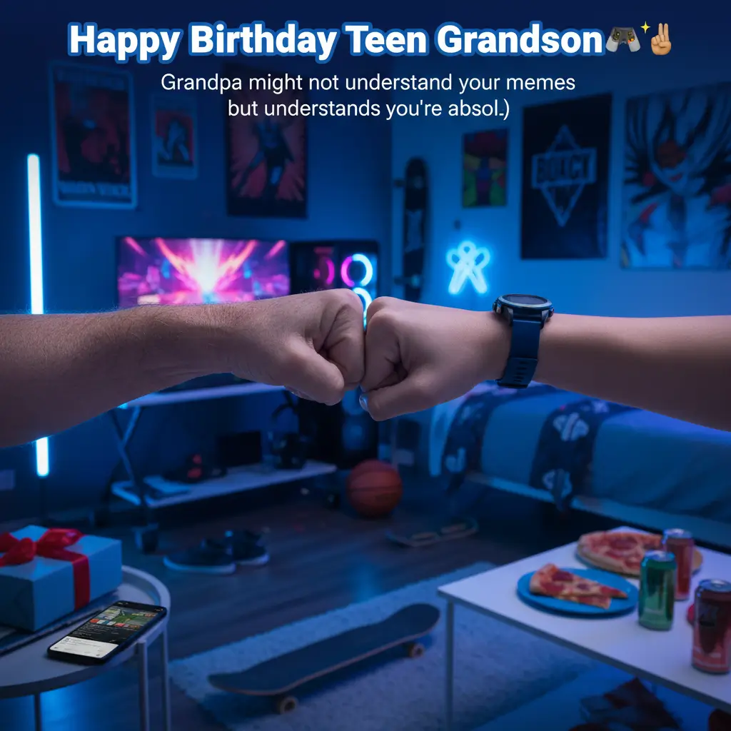 An older hand and a younger hand share a fist bump in a cool, blue-lit gaming room filled with posters and pizza. This heartfelt happy birthday teen grandson celebration features vibrant neon accents and a modern, tech-filled atmosphere.