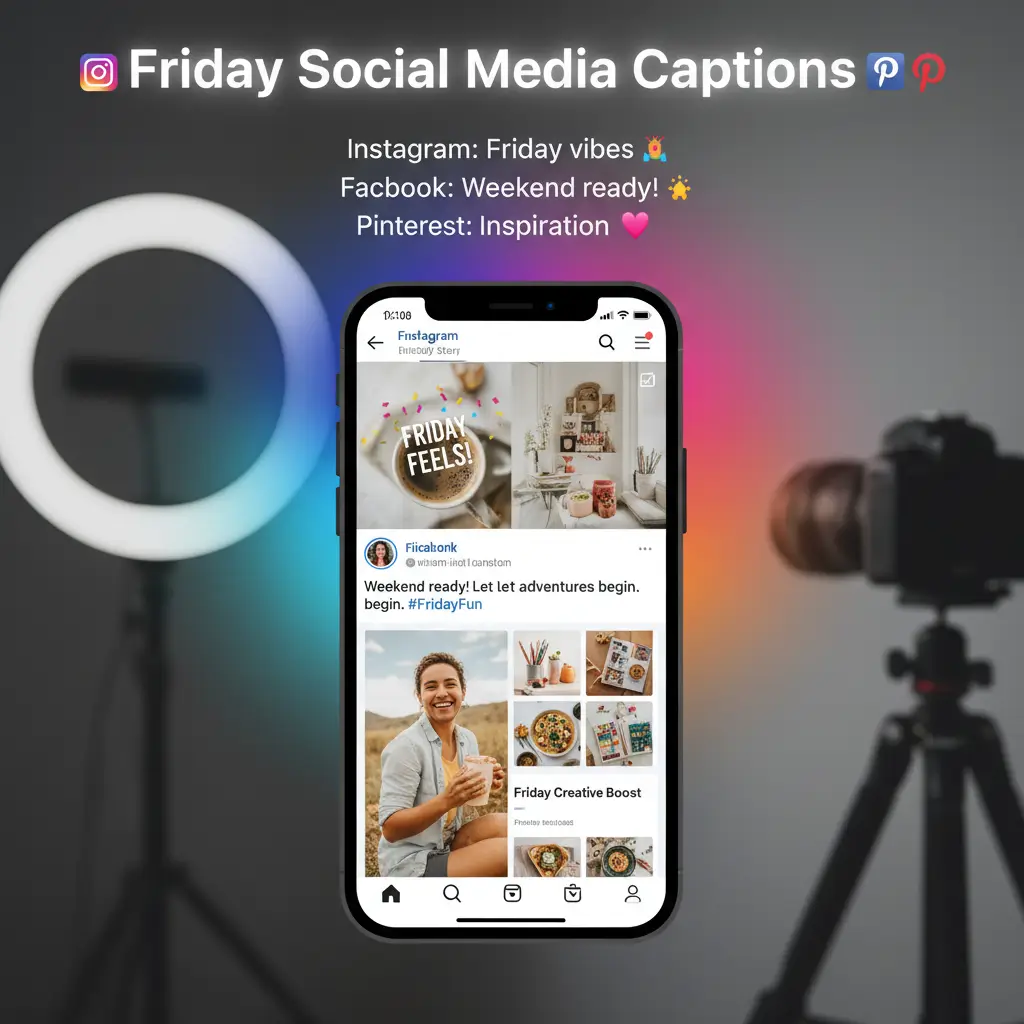 A smartphone displaying vibrant Friday wishes on social media, positioned between a glowing ring light and a camera. Soft blue and pink ambient lighting creates a creative studio atmosphere for sharing good morning Friday wishes.