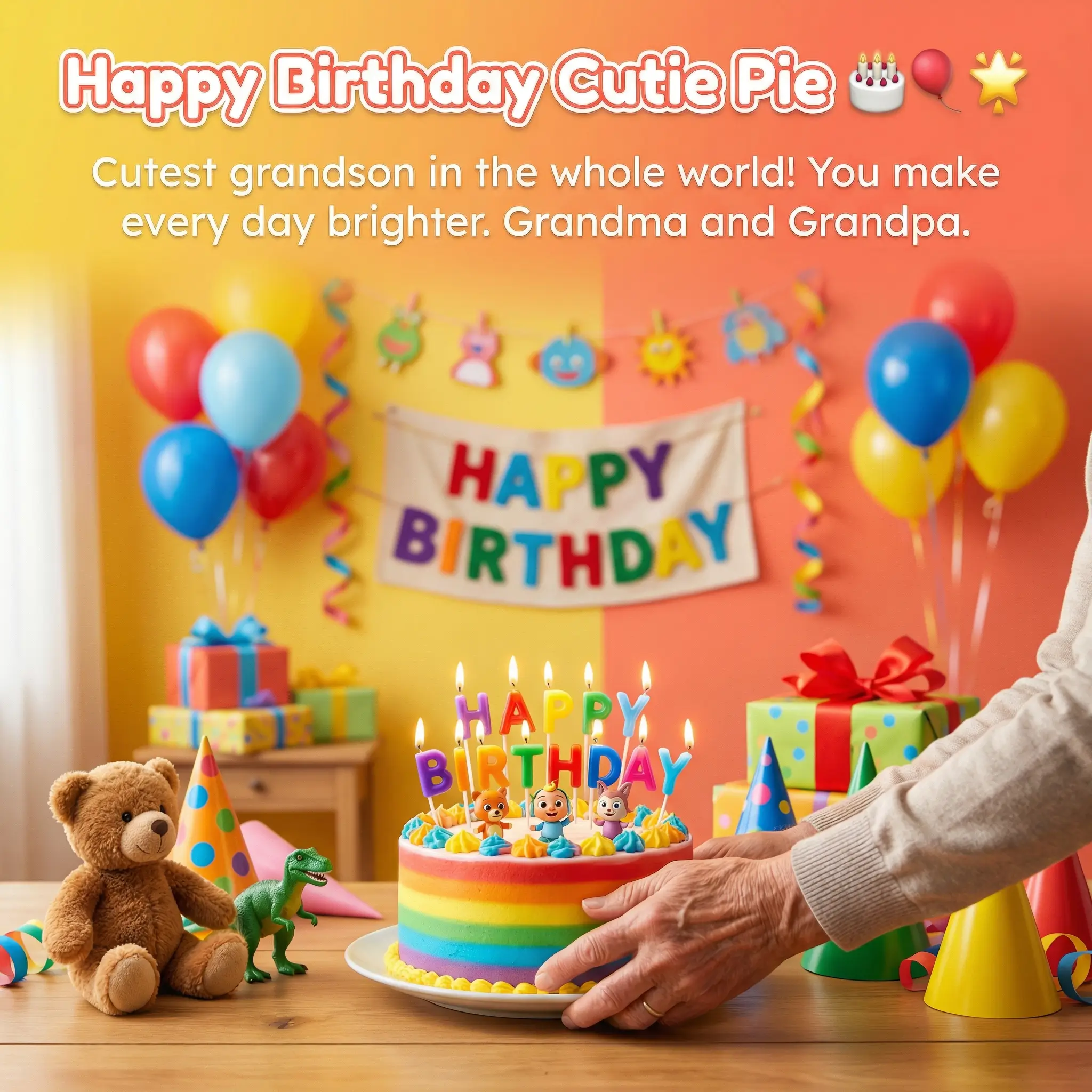 Vibrant rainbow birthday cake with lit candles rests on a wooden table beside a plush teddy bear, creating a festive birthday card for a grandson with colorful balloons and gifts under bright, warm lighting.