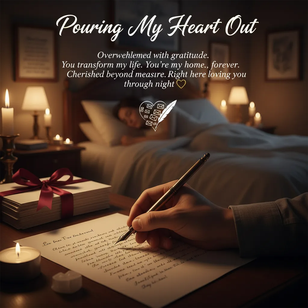A hand crafting a heartfelt love letter with a vintage fountain pen on textured parchment, bathed in the warm glow of flickering candles. This intimate scene features a silk-ribboned gift box on a dark wooden desk, set against a soft-focus, cozy bedroom background.