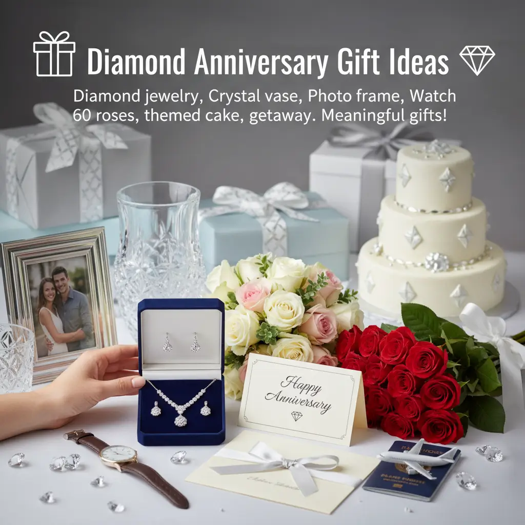 Elegant diamond anniversary gift ideas featuring a sparkling jewelry set in a navy velvet box, surrounded by a tiered cream cake, sixty red roses, and wrapped presents under soft, diffused lighting that highlights the shimmering textures.