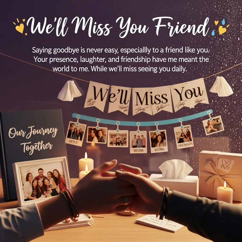 Friends clasp hands in a warm, candlelit setting with a signed 'We'll Miss You' banner and sentimental photo timeline. A memory book rests near a gift, creating a nostalgic atmosphere with soft lighting and deep purple tones.
