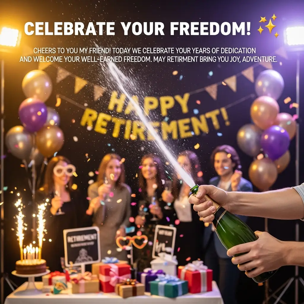 A green champagne bottle pops, spraying foam at a festive retirement party celebration. Friends cheer behind metallic gold and purple balloons and a "Happy Retirement" banner under warm, glowing lights and falling confetti.