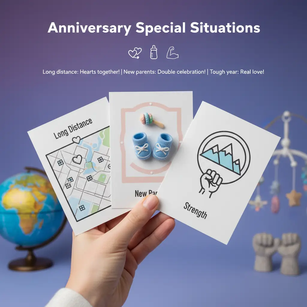 A hand holds matte special situation anniversary cards for long distance and new parents against a muted purple background. Soft diffused light highlights tiny blue knitted booties, accented by a subtly blurred globe.