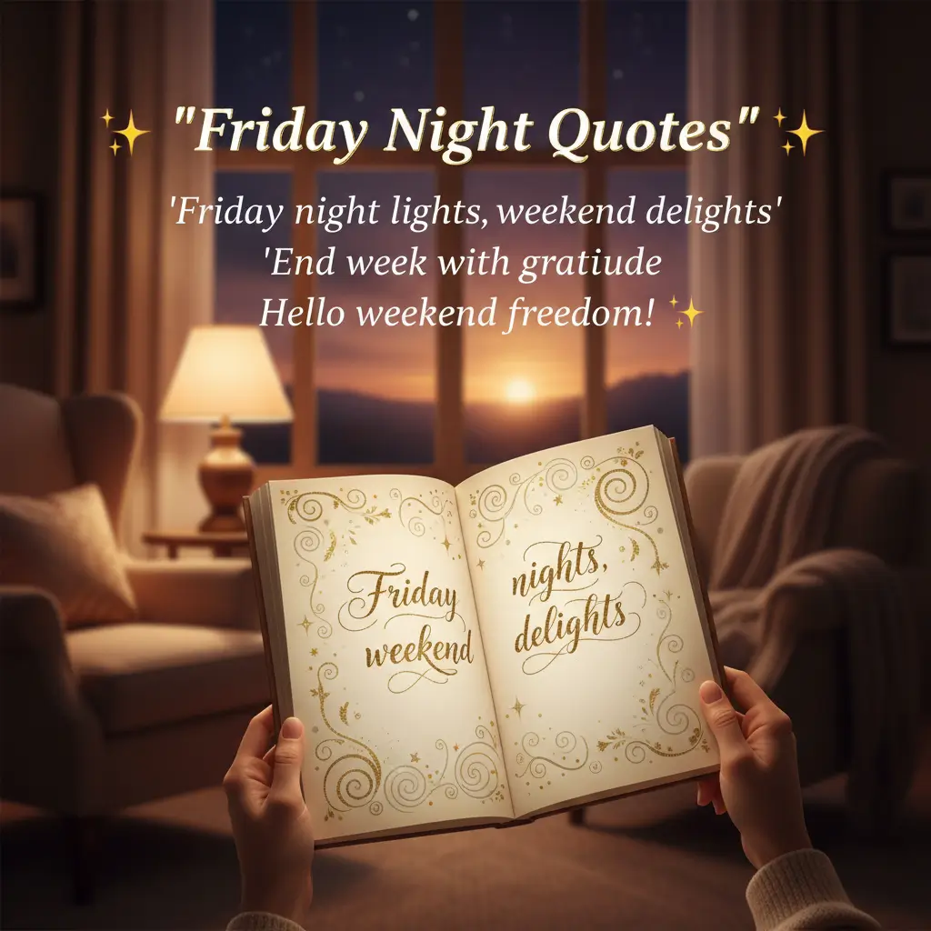 A hand rests on a sleek laptop displaying a weekend greeting on a wooden desk. This professional Friday evening scene features a white mug against a blurred city skyline at dusk under soft, ambient office lighting.