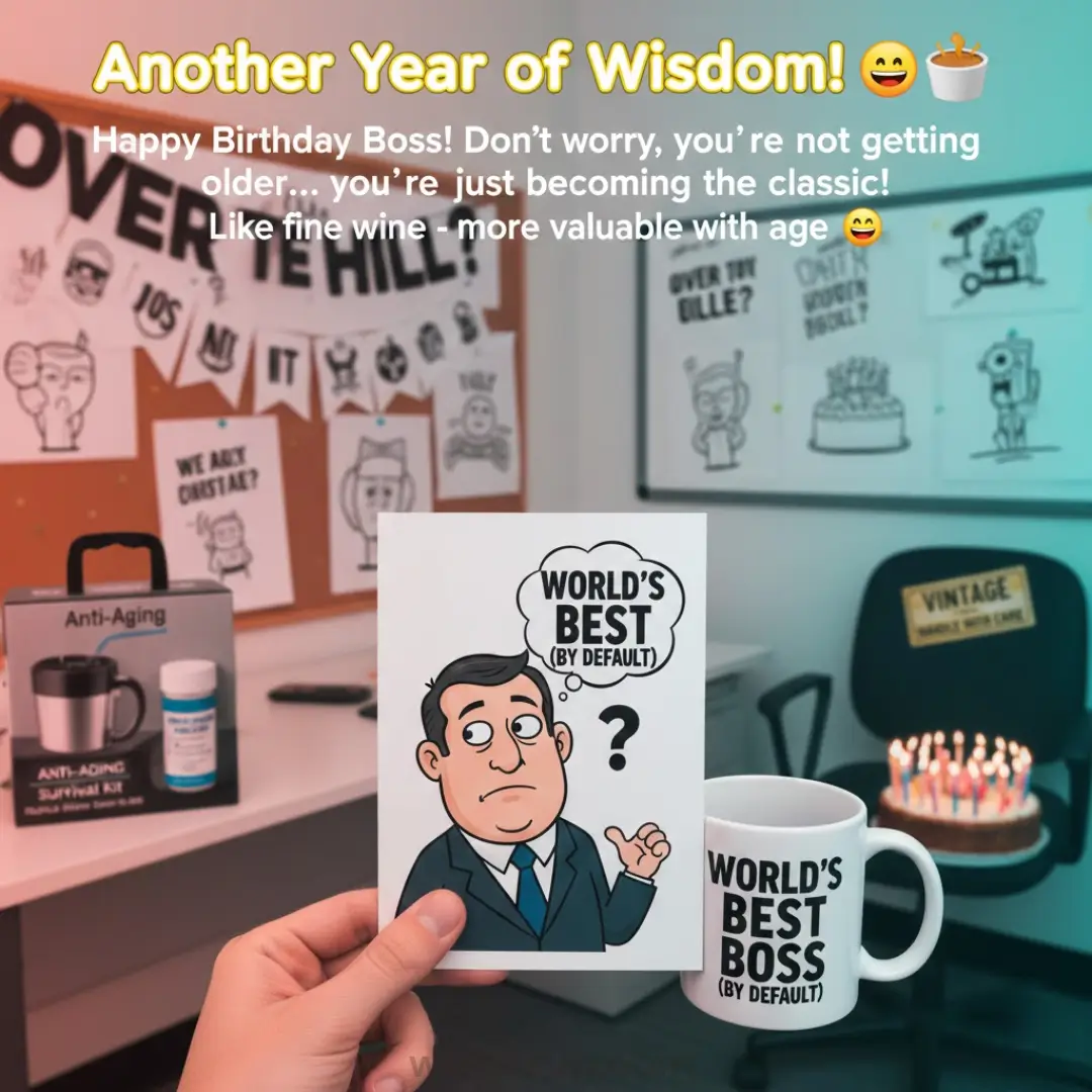 A hand holds a funny boss birthday card next to a "World's Best Boss" mug on a desk. The office setting features a lit birthday cake and "Over the Hill" banners under bright, cool-toned lighting for a humorous workplace celebration.