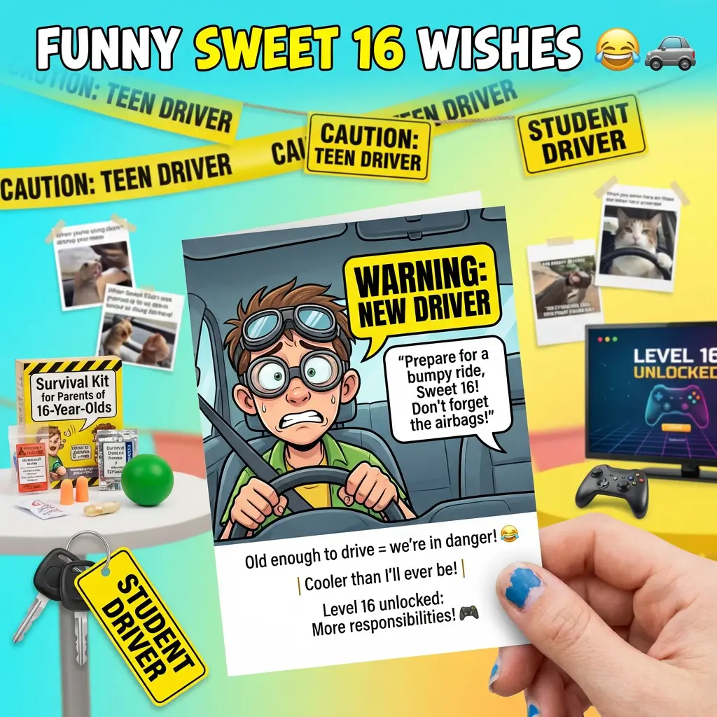 A vibrant teen driver birthday card featuring a nervous cartoon boy is held against yellow caution tape. This humorous scene for funny sweet 16 wishes includes a parental survival kit and car keys under bright studio lighting.