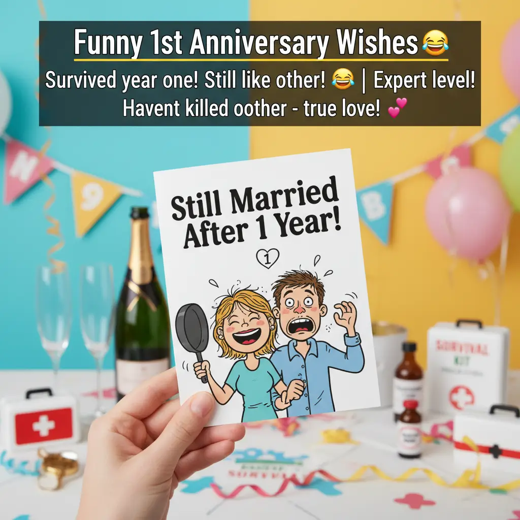 A hand holds a humorous 1st wedding anniversary wishes card showing a frazzled cartoon couple. The crisp paper is set against a bright pastel backdrop featuring colorful bunting, glossy champagne, and mini survival kits under cheerful lighting.