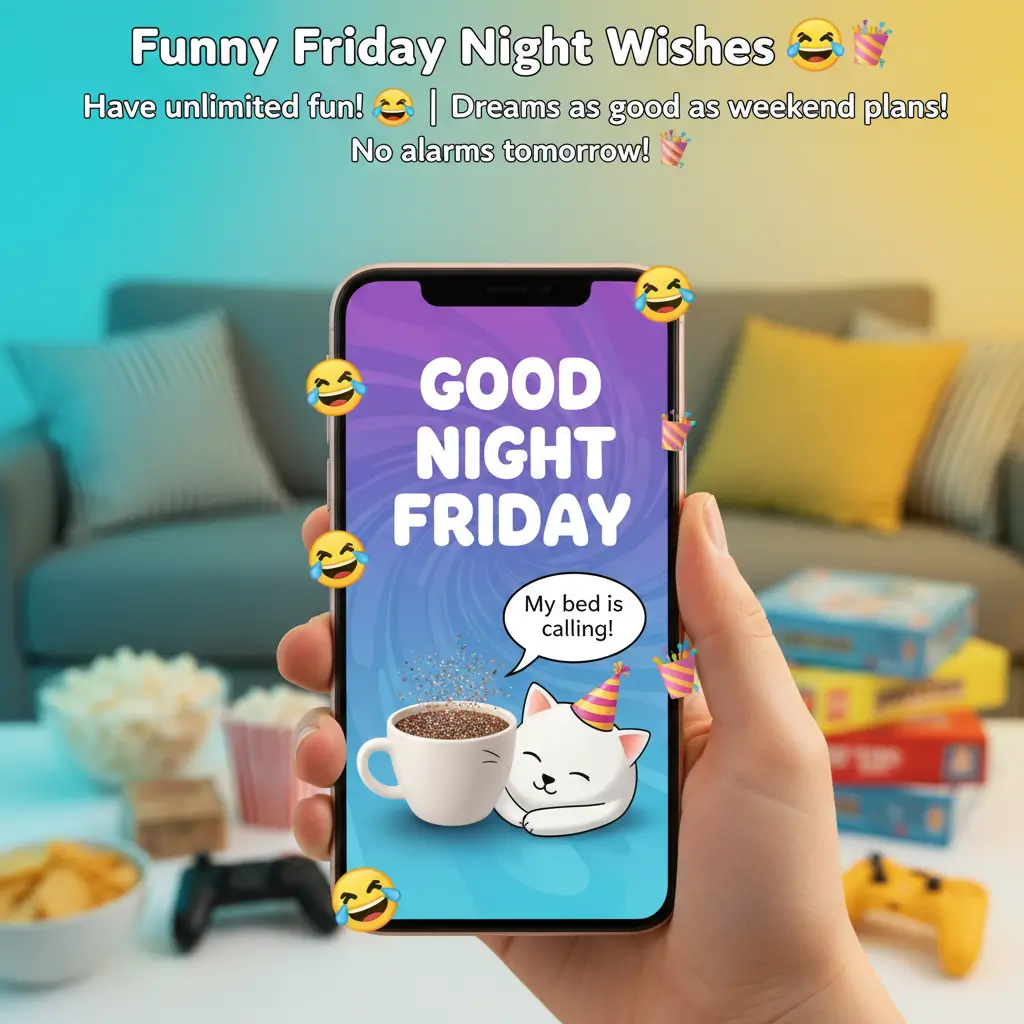 A hand holds a smartphone displaying funny Friday night wishes featuring a cute cat graphic and party emojis. The screen is set against a vibrant, cozy living room background with snacks and game controllers, capturing a playful atmosphere for weekend relaxation under warm, diffused lighting.