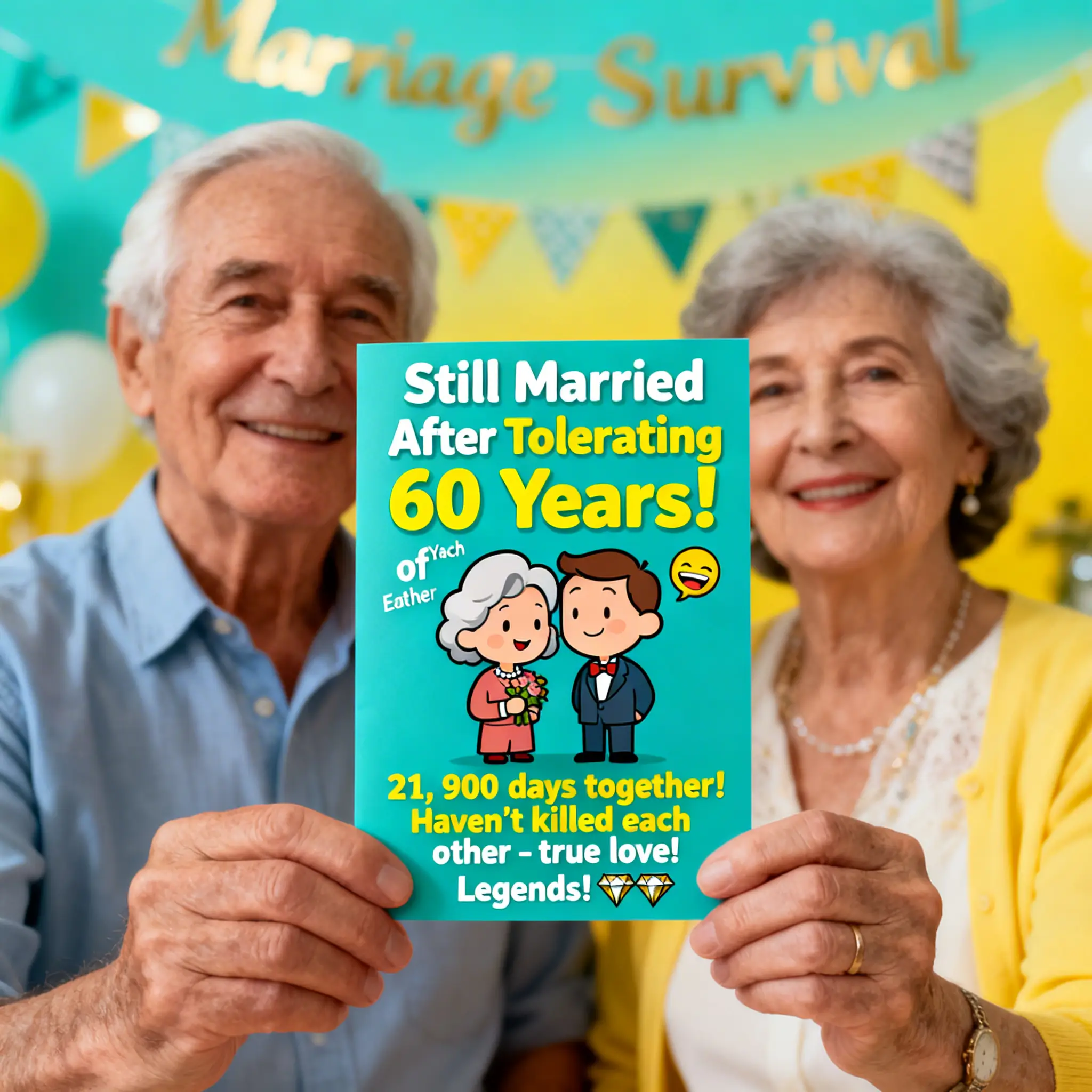 A smiling elderly couple holds a humorous teal 60th wedding anniversary card against a festive background of yellow balloons. Soft, bright lighting highlights the playful "Marriage Survival" banner, celebrating their diamond anniversary with joy and vibrant, cheerful colors.