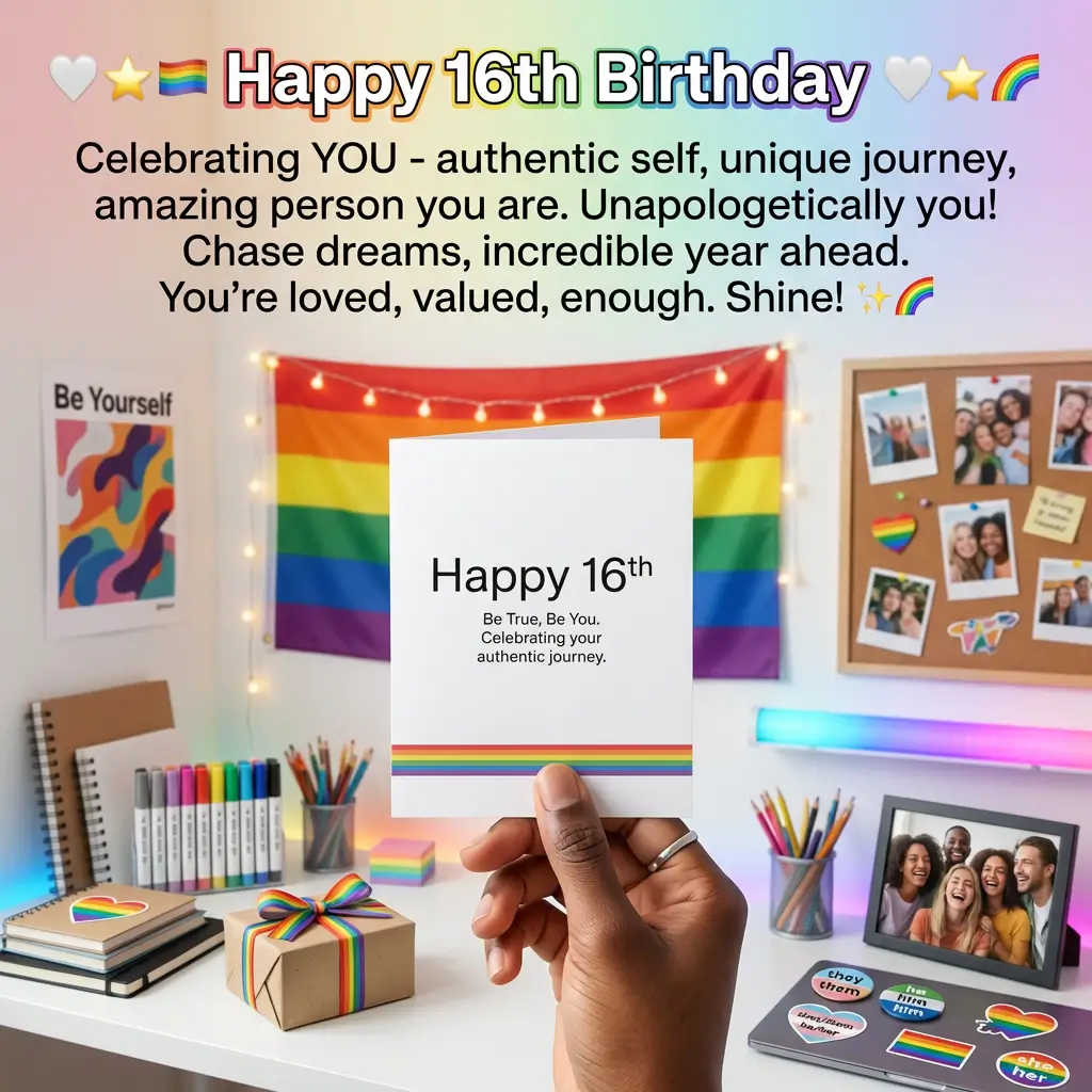 A hand holds a white LGBTQ+ birthday card against a vibrant Pride flag and twinkling lights. This 16th birthday scene features a rainbow-ribboned gift and colorful stationery, all bathed in a warm, inclusive glow.