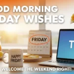 Good morning Friday wishes displayed on a sunny desk with a TGIF laptop and Happy Friday mug. Fresh orange slices, juice, and yellow daisies rest on the surface, bathed in warm morning light from a nearby window.