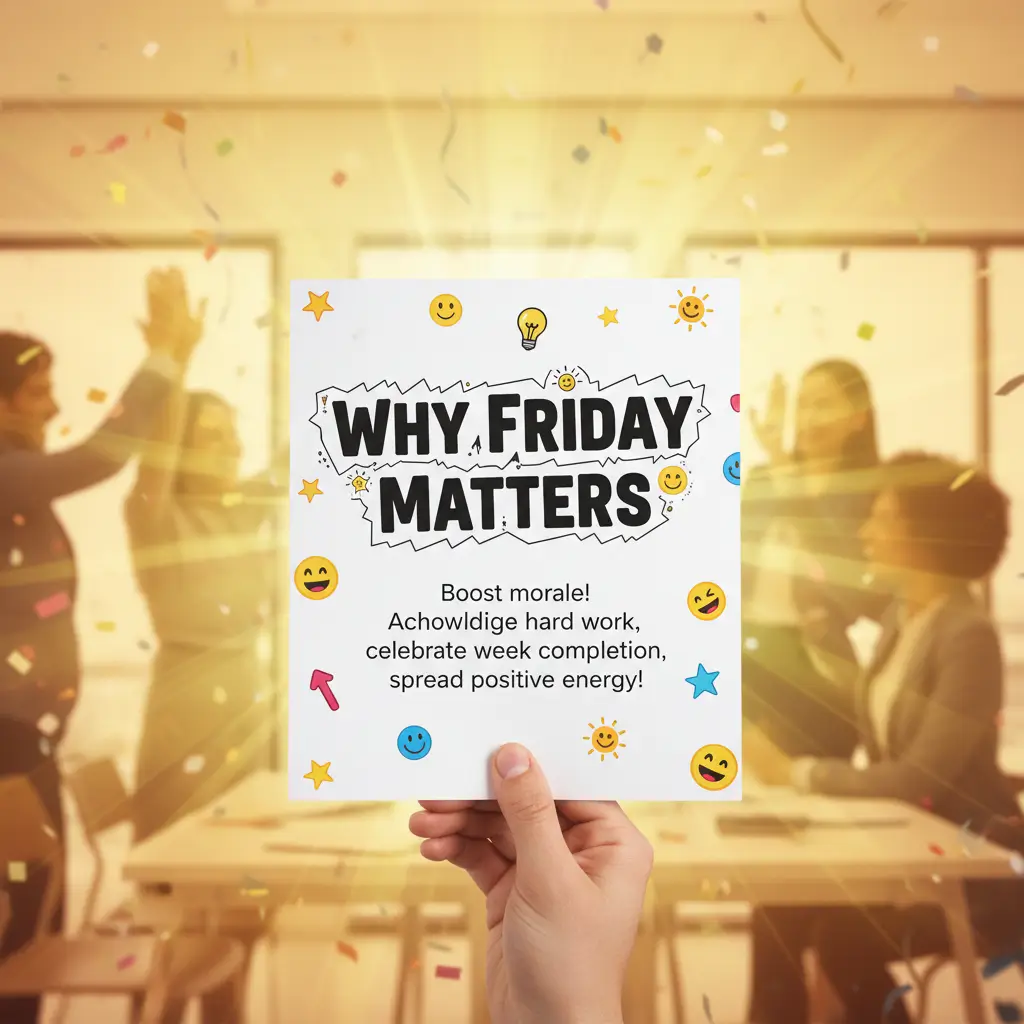 A hand holds a 'Why Friday Matters' card with playful emojis against a glowing office backdrop where colleagues celebrate with high-fives and confetti, capturing the joyful spirit of good morning Friday wishes and positive workplace culture.