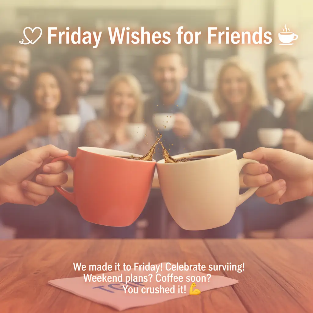 Coral and cream ceramic mugs clink together, splashing dark coffee over a rustic wooden table. This cozy scene of good morning Friday wishes captures friends sharing Friday wishes under a soft, golden glow.
