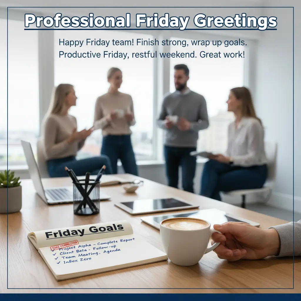 A hand holding a white ceramic mug of latte sits beside a 'Friday Goals' checklist on a wooden table, while blurred colleagues converse in a bright, sunlit office, embodying productive good morning Friday wishes for a successful team wrap-up.
