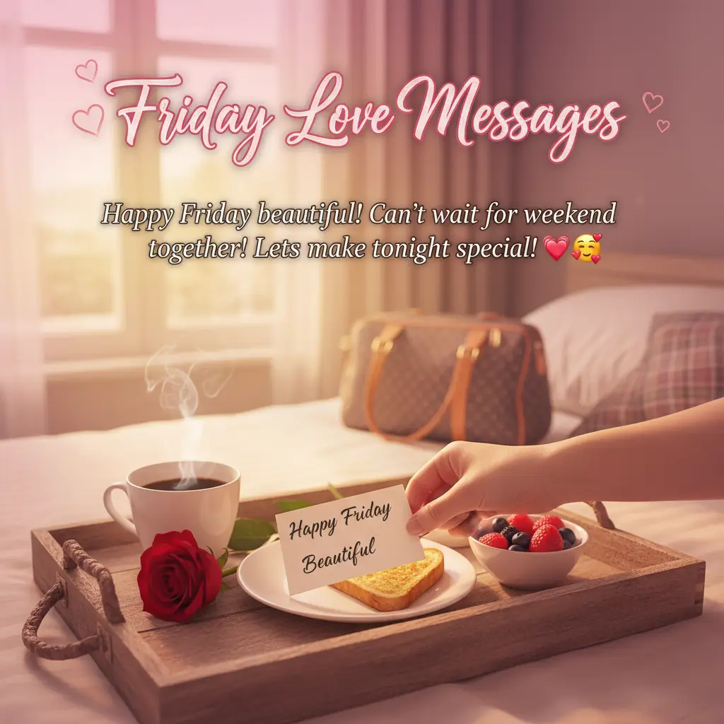 A hand places a card with good morning Friday wishes on a wooden tray featuring a steaming coffee cup, a red rose, and heart-shaped toast. The cozy bedroom is bathed in soft morning light, perfect for sharing romantic Friday wishes.
