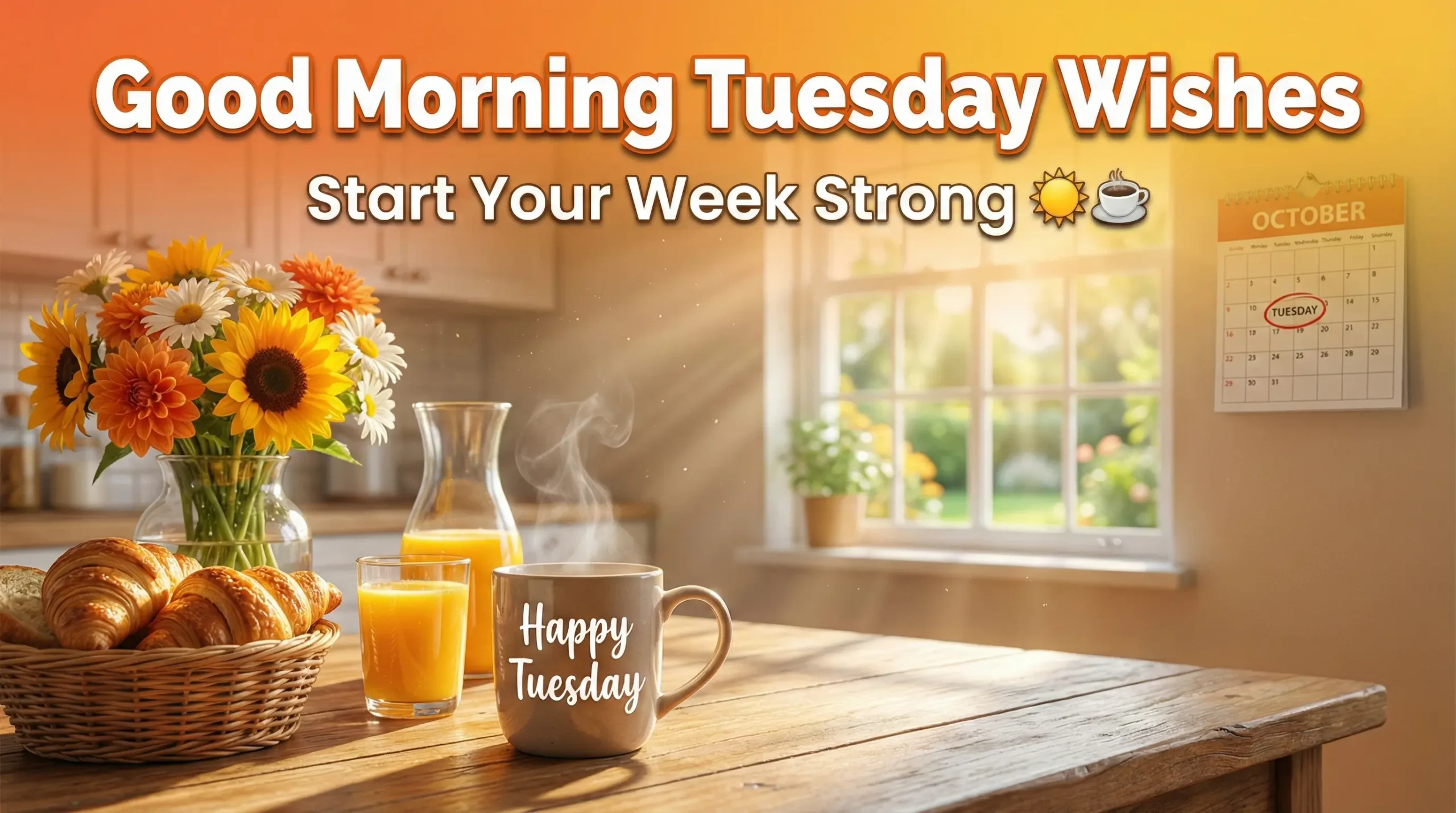 Warm sunlight illuminates flaky golden croissants and a 'Happy Tuesday' mug on a rustic table. Vibrant sunflowers and 'Good Morning Tuesday Wishes' text enhance this cozy breakfast scene, set against a sun-drenched window and an October calendar.