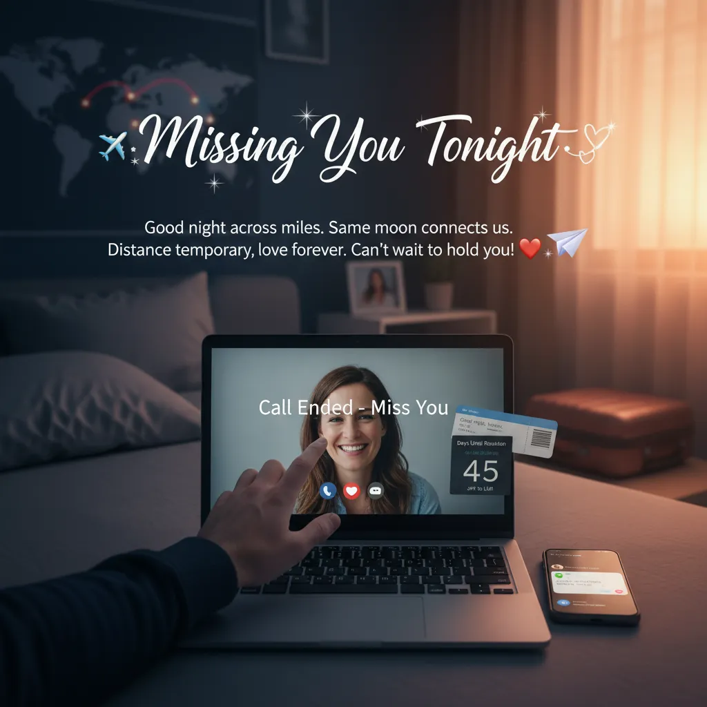 A hand gently touches a smiling woman's face on a laptop screen after a long distance relationship video call. The dimly lit bedroom features warm sunset light through blinds, a travel suitcase, and a world map, capturing a poignant moment of connection across miles.