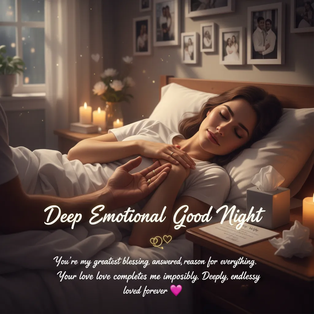 A woman sleeps peacefully in a cozy bedroom under soft golden candlelight while a man's hand reaches out to touch hers. This romantic good night message scene features crisp white bedding and a gallery wall of framed photos, evoking a deep emotional connection.