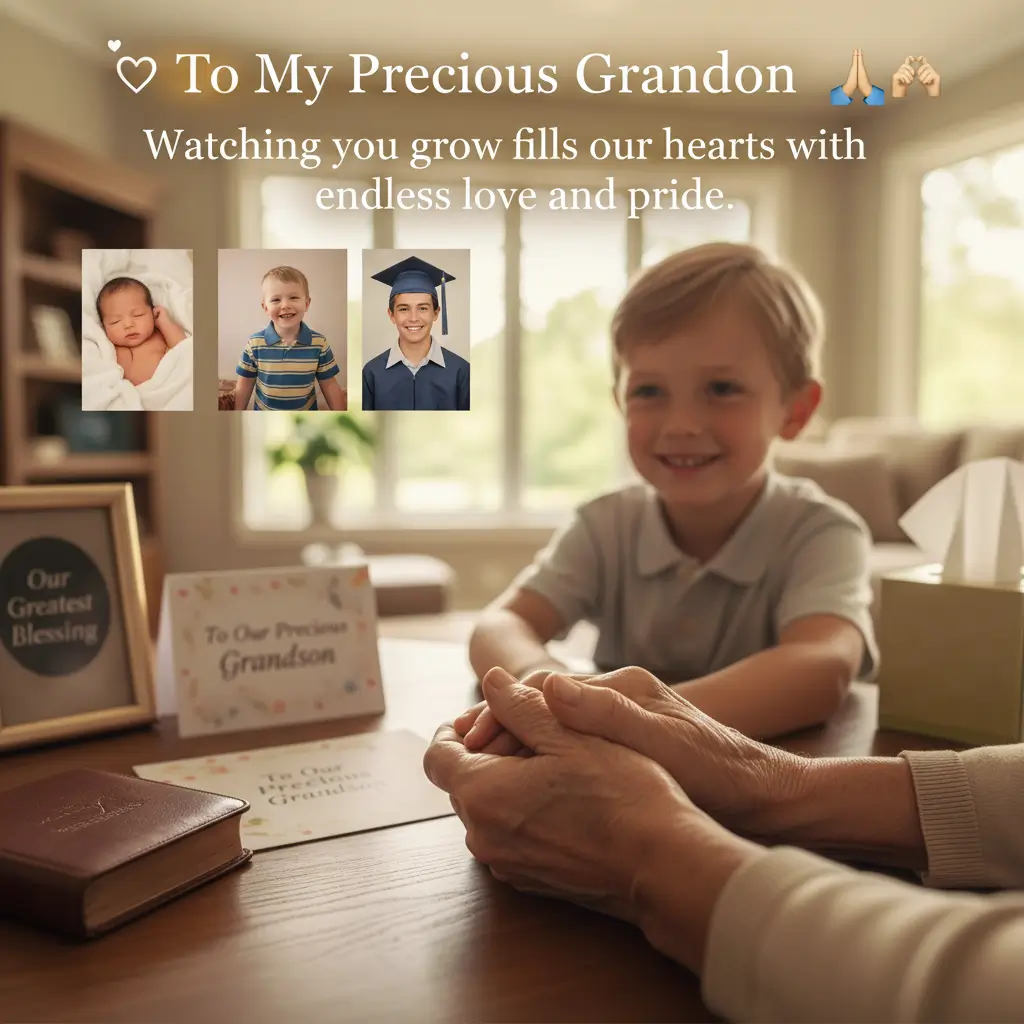 Wrinkled hands rest on a wooden table beside a sentimental grandson gift card and leather book. A smiling boy sits in soft, warm light beneath a photo timeline depicting his journey from a newborn to a graduate.