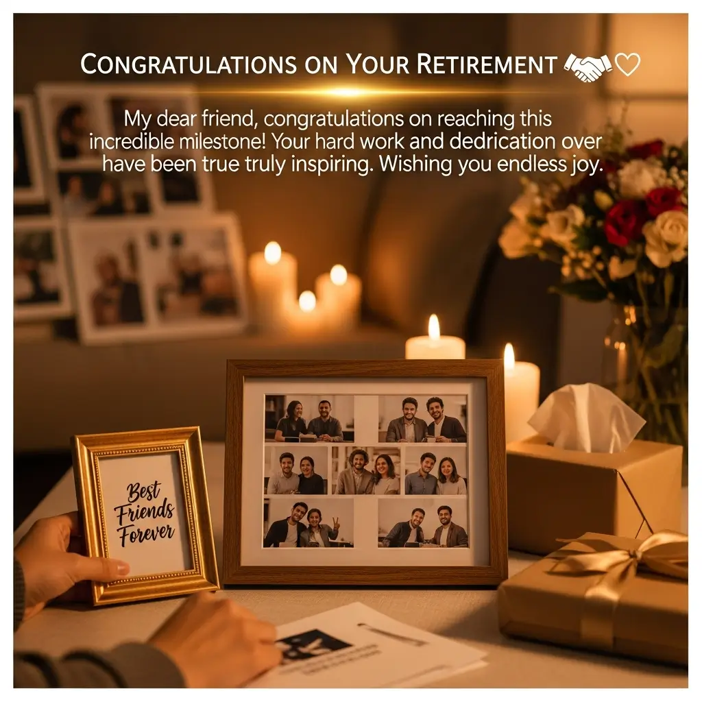 A personalized photo frame and gold-wrapped presents glow under warm candlelight, creating a cozy atmosphere for a heartfelt retirement gift. Red roses and a "Best Friends Forever" frame celebrate this milestone with sentimental charm.